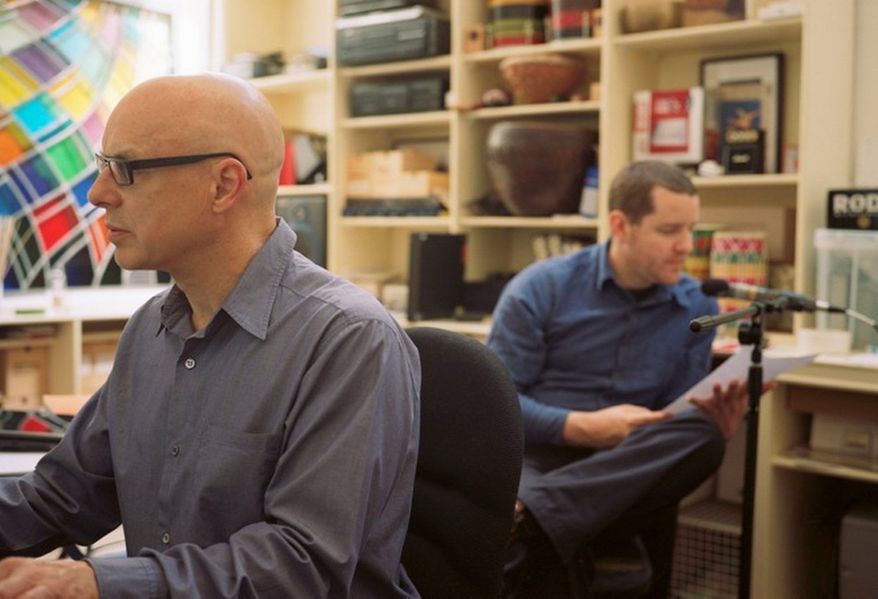 Brian Eno, left, collaborated with poet Rick Holland on Drums Between the Bells, the new album previewed exclusively above.
(Courtesy Warp Records)