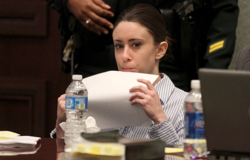 Casey Anthony goes over paperwork during a break on the final day of arguments in her murder trial at the Orange County Courthouse in Orlando, Fla., on Monday, July 4, 2011. (AP Photo/Red Huber, Pool)