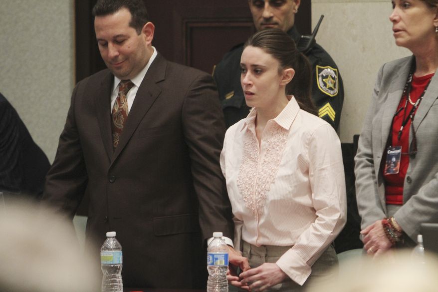 Casey Anthony (center) and her lawyer Jose Baez (left) react to her being found not guilty of murder charges in Orlando, Fla., on July 5, 2011. (Associated Press)