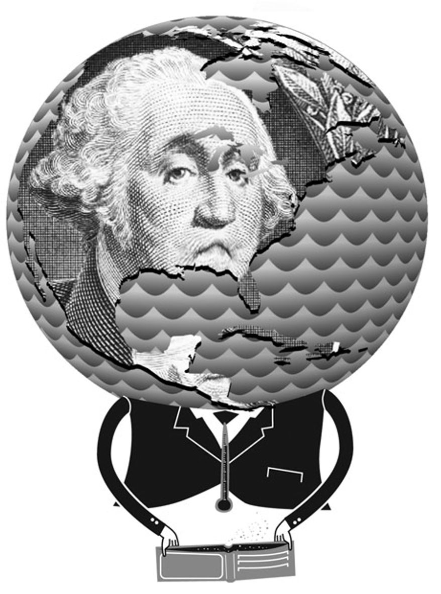 Illustration: Greens bankrupting the world by Linas Garsys for The Washington Times