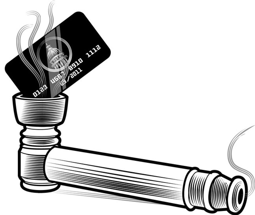 Illustration: Spending addiction by Linas Garsys for The Washington Times