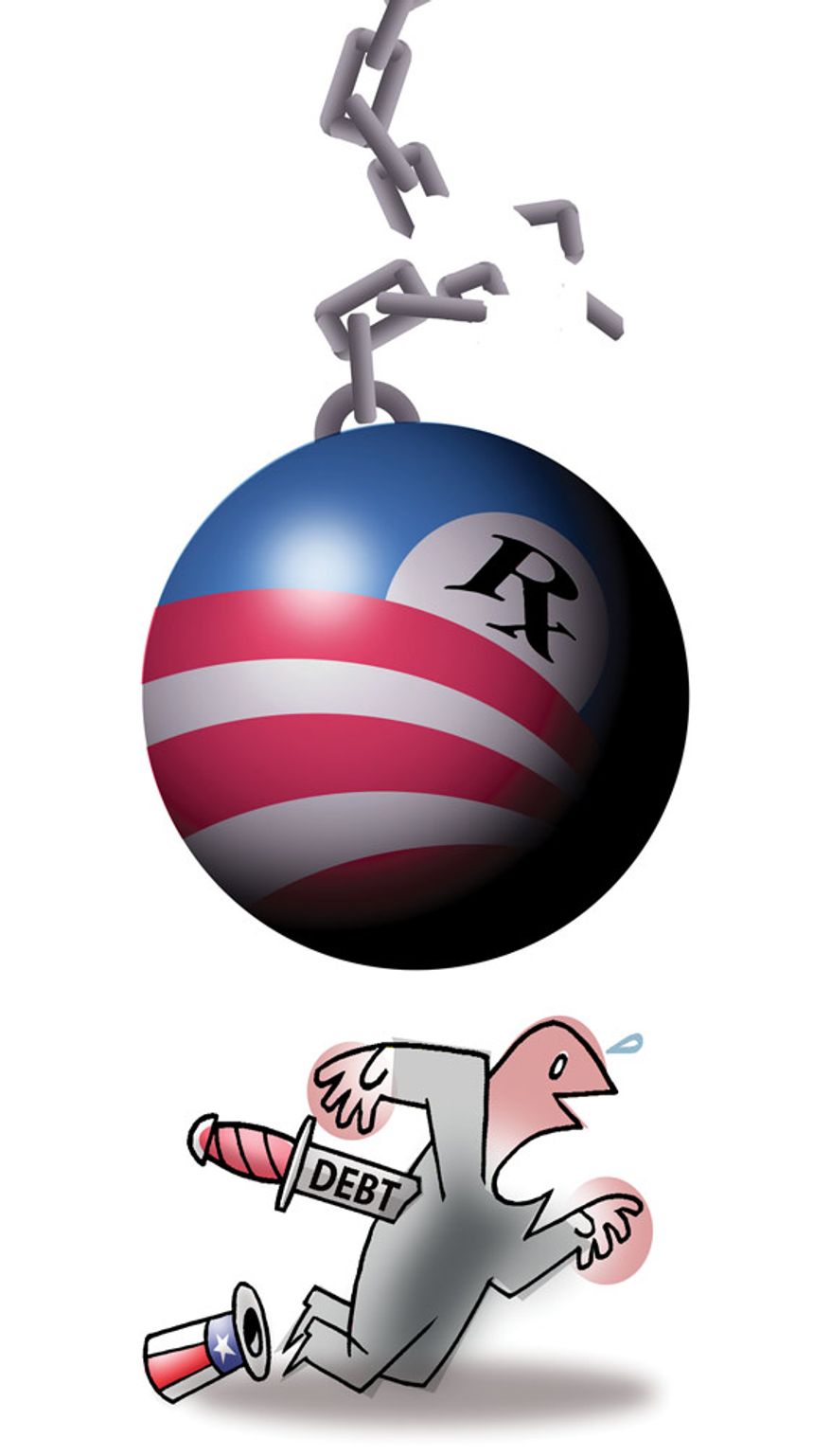 Illustration: Obamacare's debt by Alexander Hunter for The Washington Times