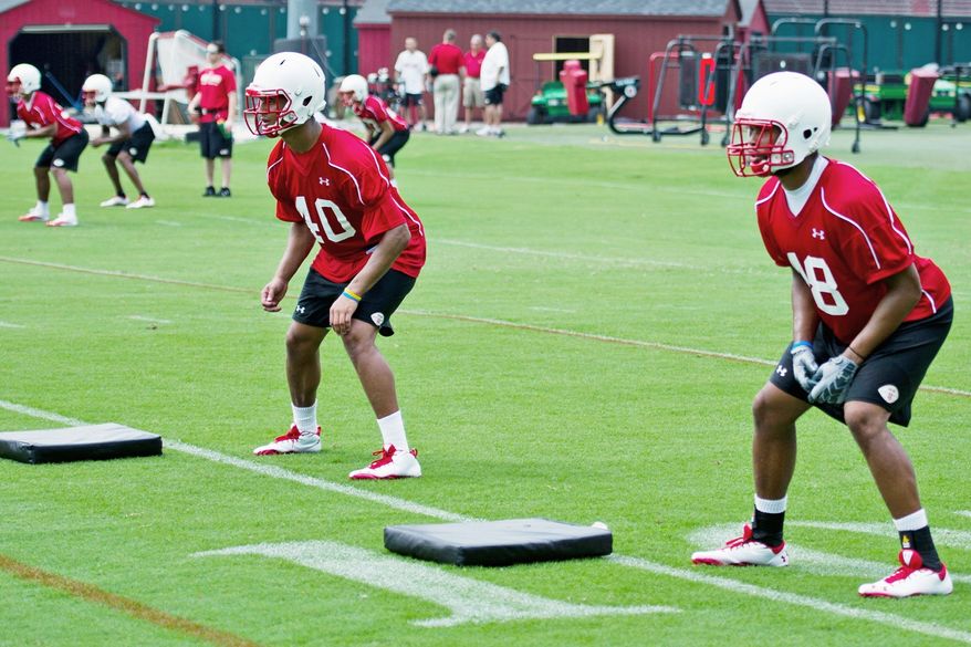 Sophomore Matt Robinson (left) and junior Eric Franklin aim to carry on a physical tradition in Maryland's defensive secondary. (Drew Angerer/The Washington Times)