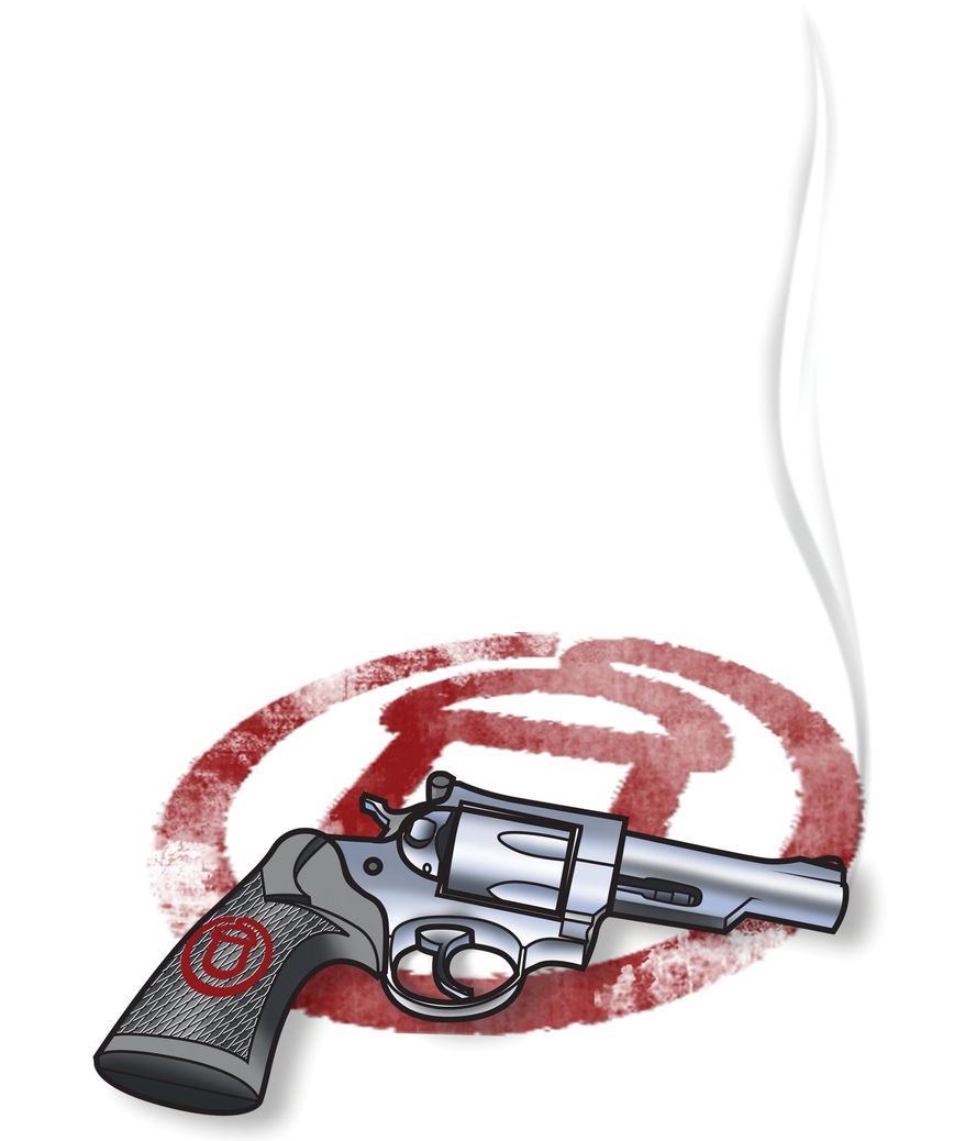 Illustration: ACORN's smoking gun by Linas Garsys for The Washington Times