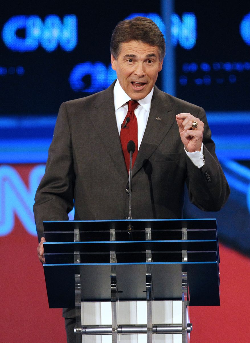 Texas Gov. Rick Perry speaks during a Republican debate on Sept. 13, 2011, in Tampa, Fla. (Associated Press)