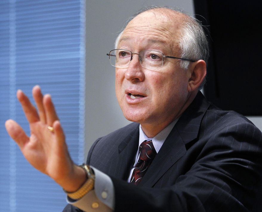 Interior Secretary Ken Salazar gestures during an interview with the Associated Press on Sept. 21, 2011, in Washington. (Associated Press)