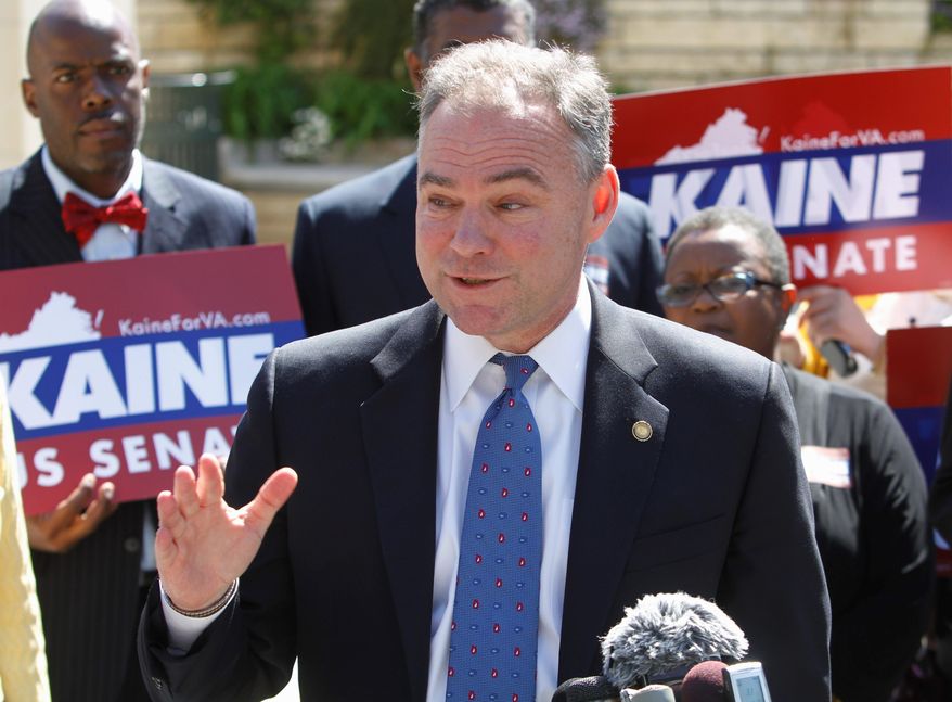 "There is one attitude that says that the right strategy to take is to fight Washington ... I think we need to fix Washington," said Tim Kaine, a Democrat running for the U.S. Senate. (AP Photo/Steve Helber)