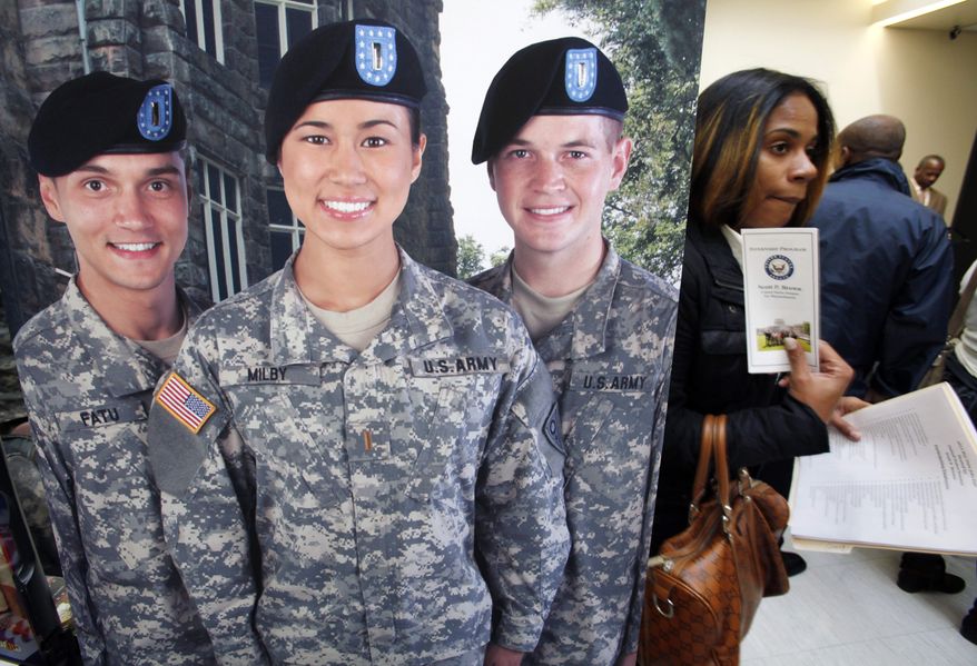 Dyesha Johnson, of Boston, walks past a military recruiting poster during a jobs fair sponsored by U.S. Sen. Scott Brown, R-Mass., at Roxbury Community College in Boston, Friday, Oct. 7, 2011. (AP Photo/Michael Dwyer)