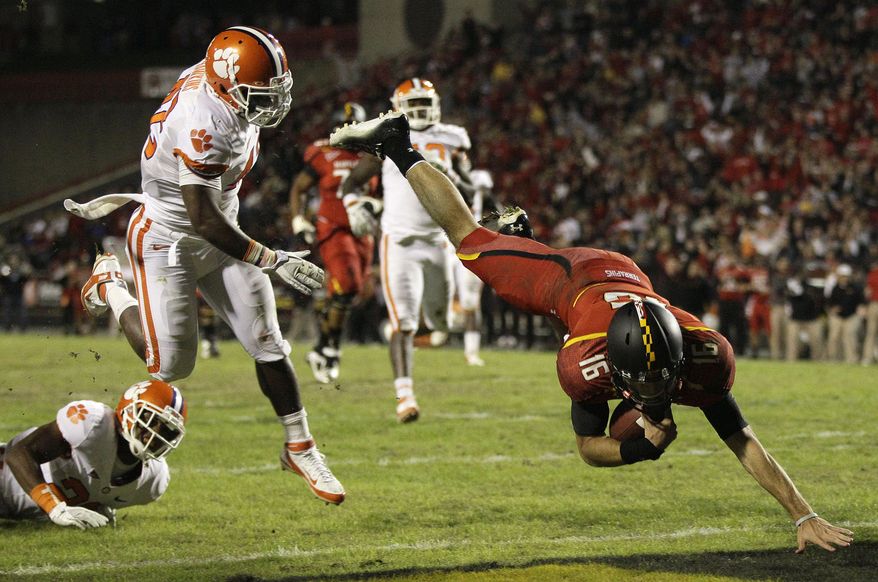 Maryland quarterback C.J. Brown threw for 177 yards, three touchdowns and an interception against Clemson on Saturday. He also rushed rushed for a touchdown on 162 yards. (AP Photo/Patrick Semansky)