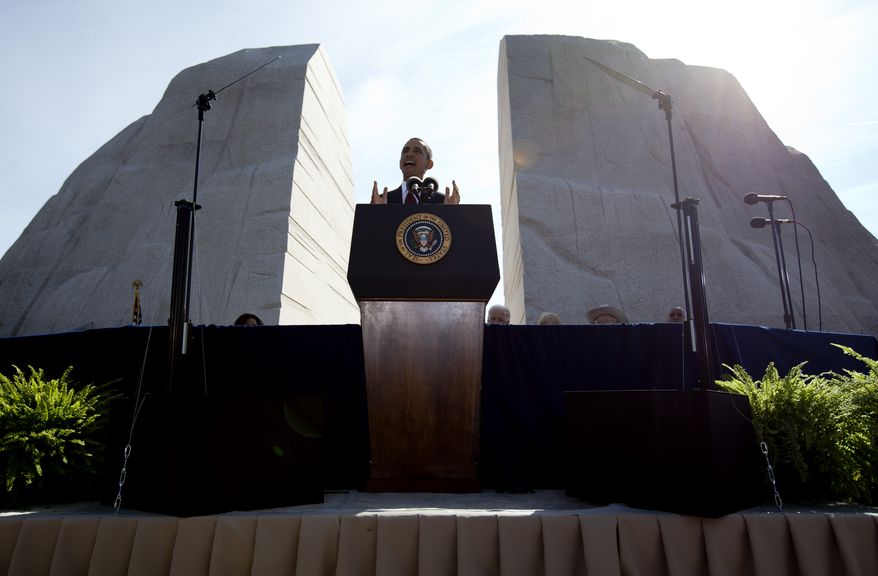President Obama speaks during the dedication ceremony for the Martin Luther King Jr. Memorial on Sunday, Oct. 16, 2011, on the National Mall in Washington. (AP Photo/Carolyn Kaster)