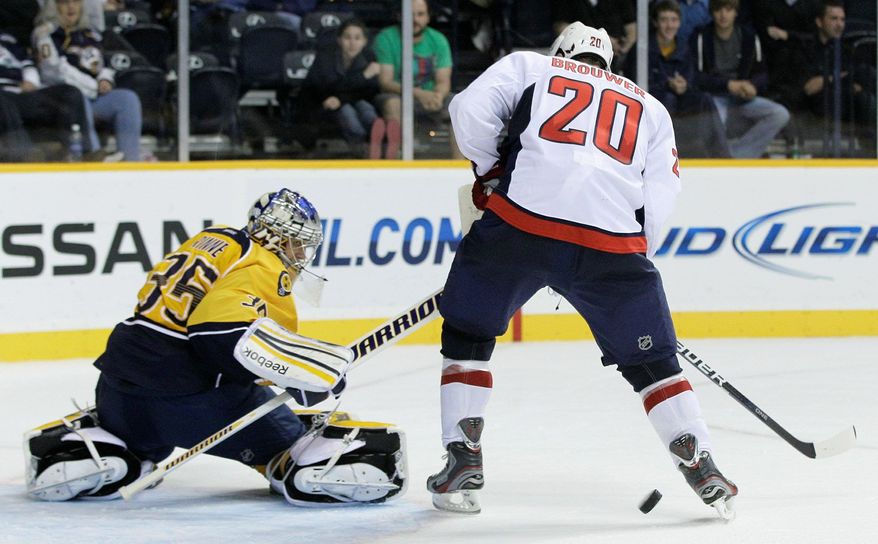 Capitals right wing Troy Brouwer is most effective pounding the crease and keeping goalies preoccupied. (Associated Press)