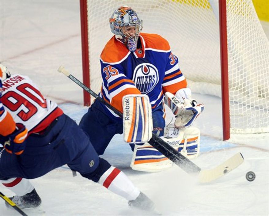 Nikolai Khabibulin made 34 saves Thursday night to hand the Caps their first loss. (AP Photo/The Canadian Press, Ian Jackson)