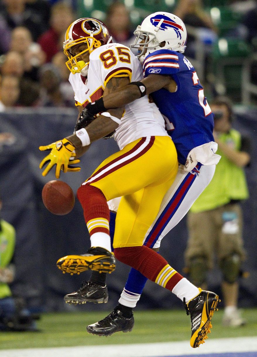 Much like this pass intended for rookie receiver Leonard Hankerson, broken up by Bills cornerback Leodis McKelvin, the Redskins had a hard time getting a handle on anything against Buffalo in absorbing their third straight defeat. (Assocaited Press)
