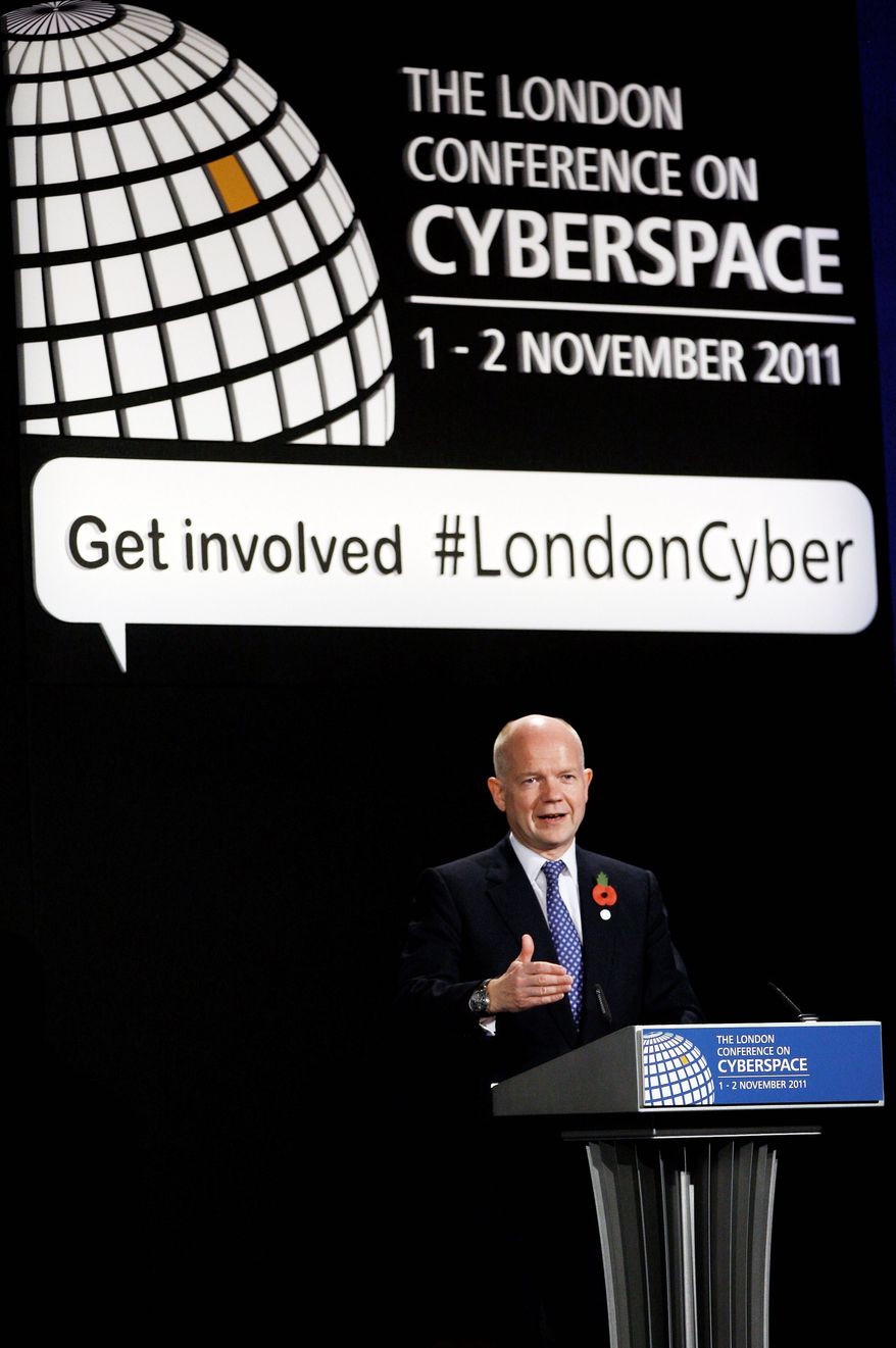 British Foreign Secretary William Hague speaks Tuesday at the London Conference on Cyberspace. U.S. and British officials argued during the event against global Internet regulation. (Associated Press)