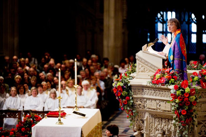 The Reverend Dr. Mariann Edgar Buddle delivers her sermon after being seated as the ninth bishop of Washington. (Andrew Harnik / The Washington Times)