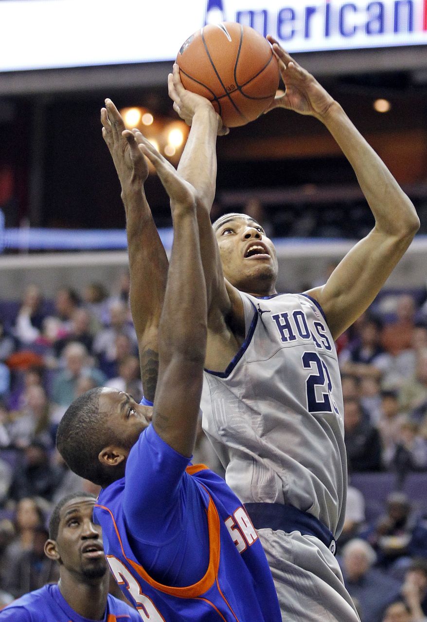 Georgetown's Otto Porter had nine points, eight rebounds, and three blocks against Savannah State on Saturday afternoon. The Hoyas won 83-54. (AP Photo/Haraz Ghanbari)