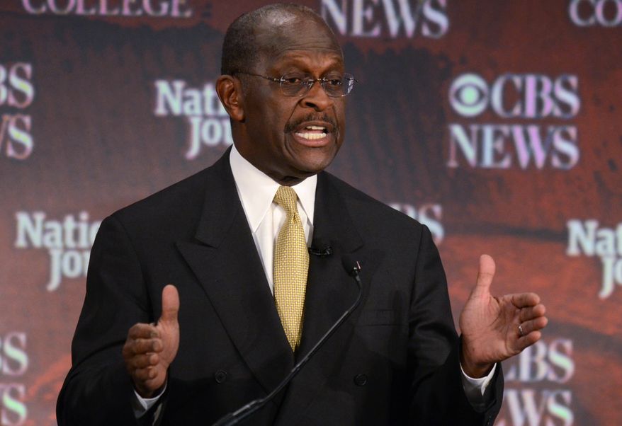 Republican presidential candidate Herman Cain speaks Nov. 12, 2011, at the CBS News/National Journal foreign policy debate at the Benjamin Johnson Arena in Spartanburg, S.C. (Associated Press)
