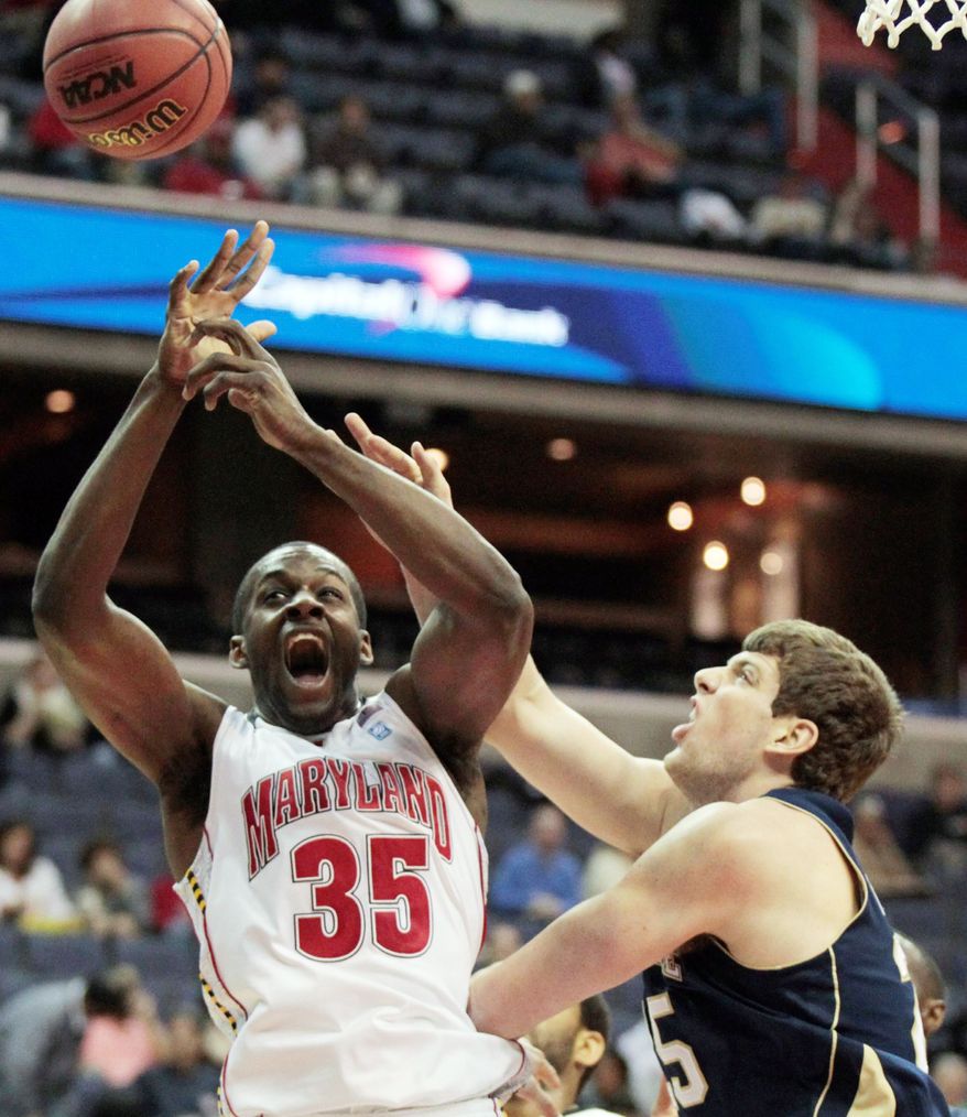Maryland's James Padgett's double-double (11 points, 10 rebounds) helped the Terrapins defeat Notre Dame. (Associated Press)