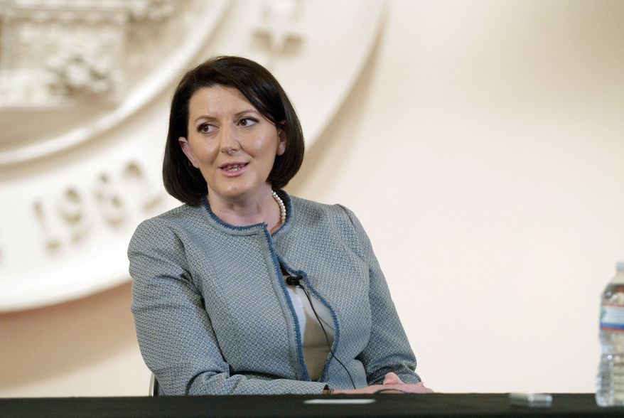 Atifete Jahjaga, president of Kosovo, is eager for her new country to join the European Union. She talked Thursday with editors and reporters at The Washington Times. (J.M. Eddins Jr./The Washington Times)