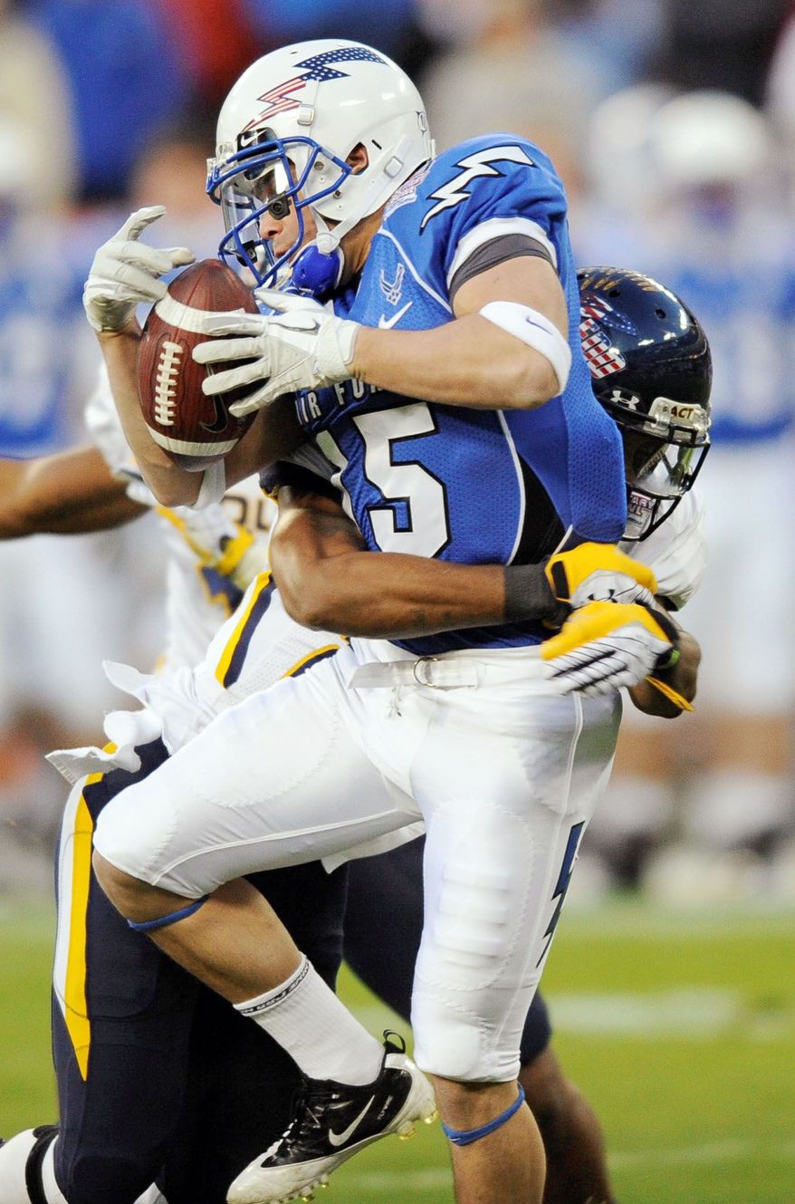 Air Force wide receiver Jonathan Warzeka totaled 145 yards and scored a touchdown, but the Falcons lost to Toledo 42-41 on Wednesday. (Associated Press)