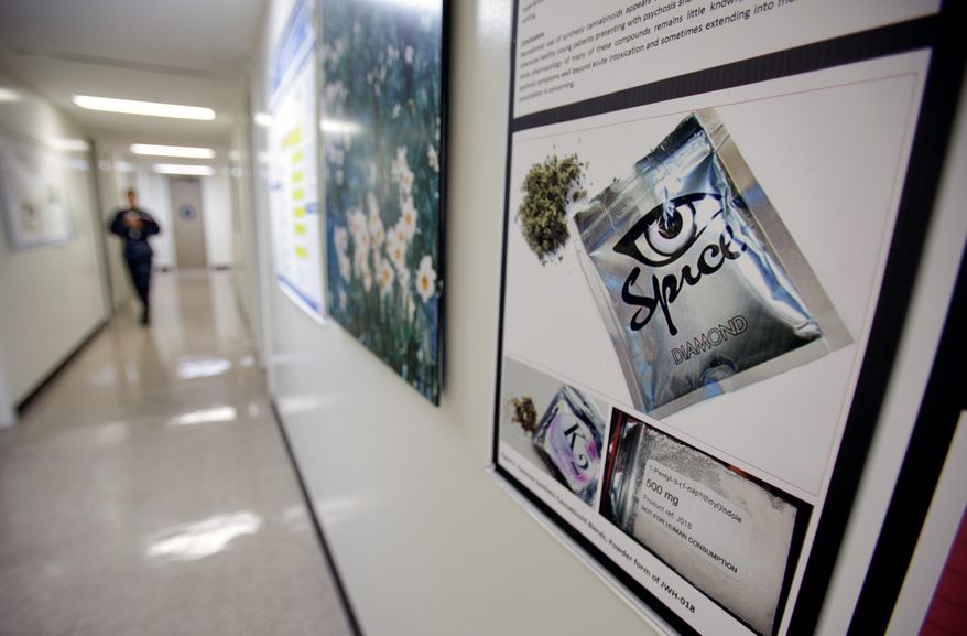 A poster warns of the effects of the drug known as 'Spice' at the Naval Hospital in San Diego. The Navy has investigated more than 700 sailors and Marines this year for smoking the "synthetic" marijuana. (Associated Press)