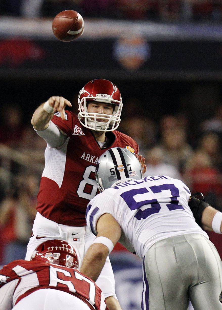 Arkansas quarterback Tyler Wilson (8) passes under pressure from Kansas State defensive end Jordan Voelker (57) during the first half of the Cotton Bowl, Friday, Jan. 6, 2012, in Arlington, Texas. (AP Photo/LM Otero)