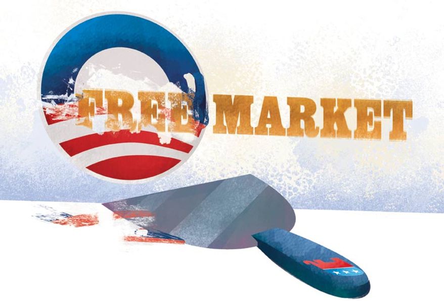 Illustration: Obama's free market by Linas Garsys for The Washington Times