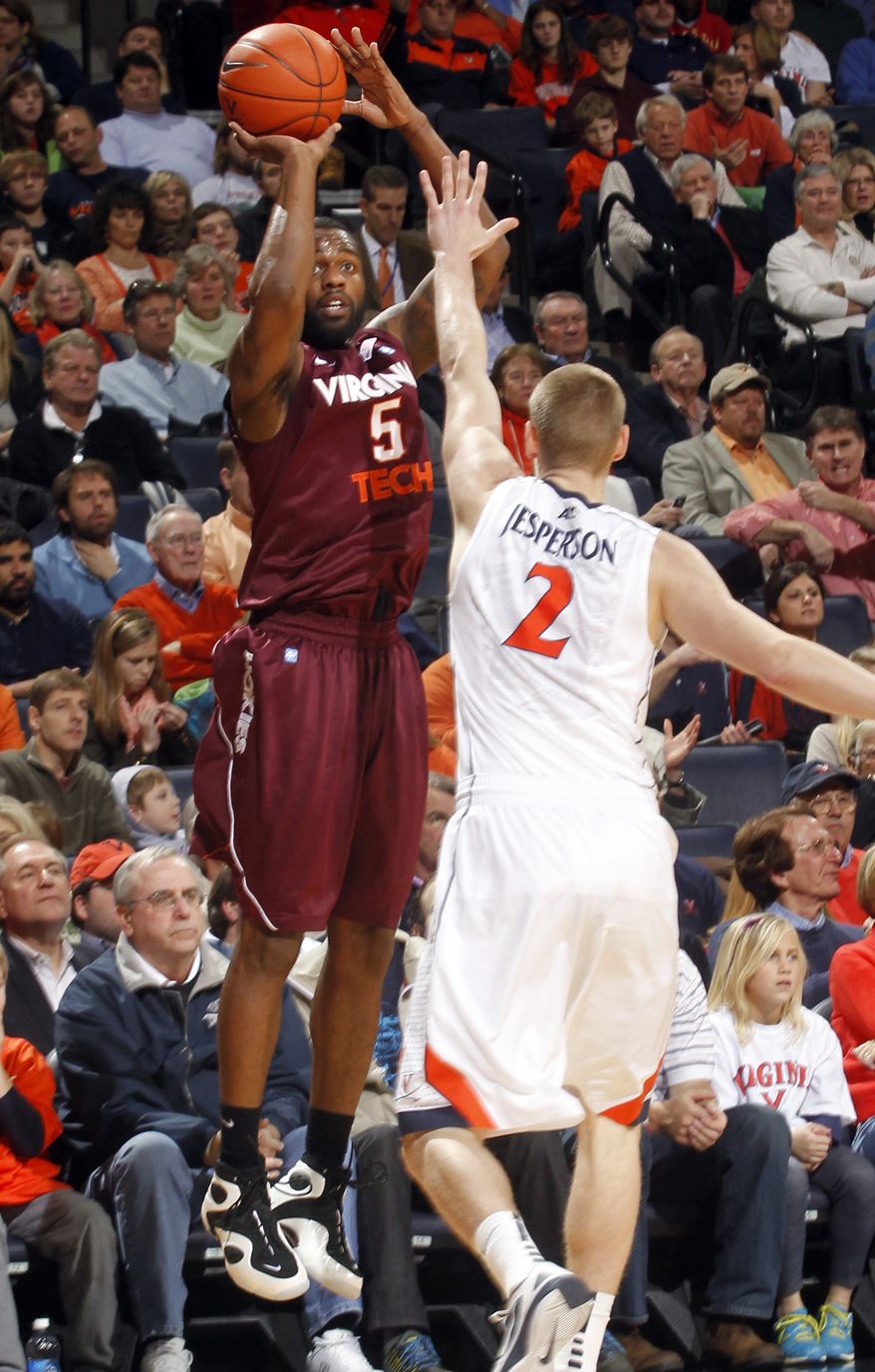 Virginia Tech guard Dorenzo Hudson had 12 points as Virginia Tech defeated Virginia, 47-45, on Sunday Jan. 22, 2012 in Charlottesville, Va. (AP Photo/Andrew Shurtleff)