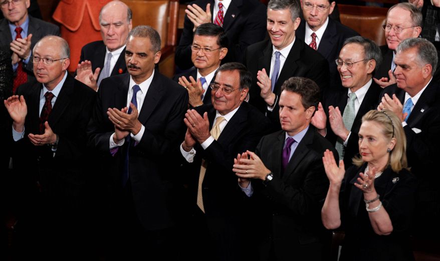 Cabinet members applaud President Barack Obama's State of the Union address on Capitol Hill in Washington, Tuesday, Jan. 24, 2012. From left are, Interior Secretary Ken Salazar, White House Chief of Staff William Daley, Attorney General Eric Holder, Veterans Affairs Secretary Eric Shinseki, Defense Secretary Leon Panetta, Treasury Secretary Timothy Geithner, Commerce Secretary Gary Locke, Secretary of State Hillary Rodham Clinton and Transportation Secretary Ray LaHood. (AP Photo/Evan Vucci)