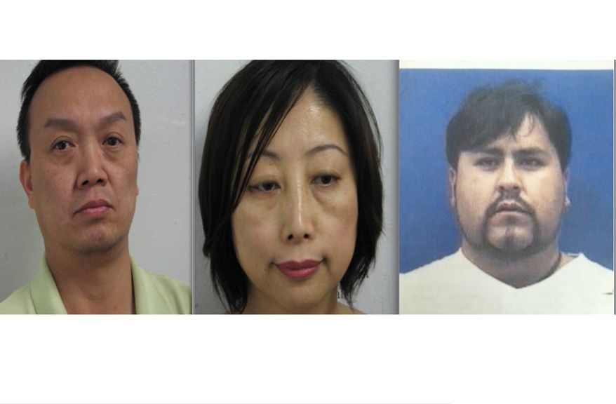Montgomery County police say (from left to right) Howard Hao Wang, Feng Liu and Mauricio Alex Garcia Guardia operated spas and massage parlors in Rockville that were fronts for prostitution and human trafficking.