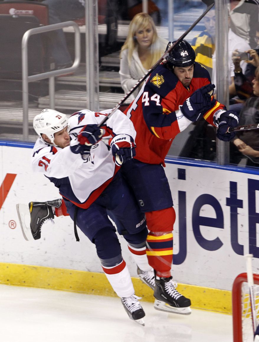 Washington Capitals center Brooks Laich checks Florida Panthers defenseman Erik Gudbranson during the first period in Sunrise, Fla., Wednesday, Feb. 1, 2012. (AP Photo/Alan Diaz)