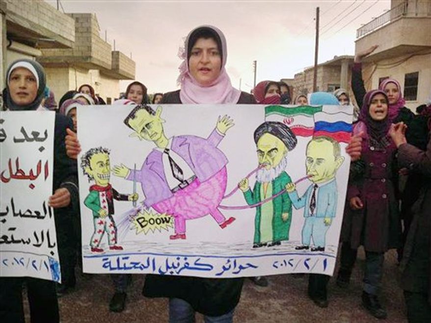 In this citizen journalism image provided by the Local Coordination Committees in Syria and released Wednesday, Feb. 1, 2012, an anti-Syrian regime protester, holds a poster with caricature depicting the Russian Prime Minister Vladimir Putin, left, and Iranian supreme leader Ayatollah Ali Khamenei, 2nd left, pumping up their ally Syrian President Bashar Assad, centre, as she walks during a demonstration in Idlib Province, north Syria. Russia's deputy defense minister says Moscow will not stop arms sales to Syria. Russian state news agencies quoted Deputy Defense Minister Anatoly Antonov on Thursday as saying Russia is not violating any international obligations. Arabic on the poster reads, "free people of occupied Kfarnebel." (AP Photo/Local Coordination Committees in Syria)