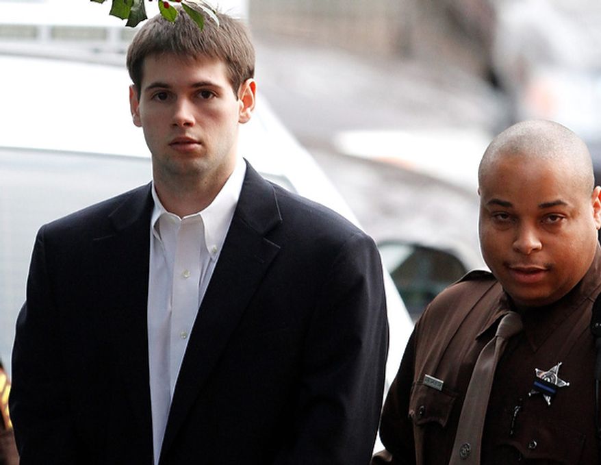 George W. Huguely V arrives Feb. 8, 2012, at court in Charlottesville for the start of his trial. Mr. Huguely is charged with the murder of fellow University of Virginia senior Yeardley Love. (Associated Press)