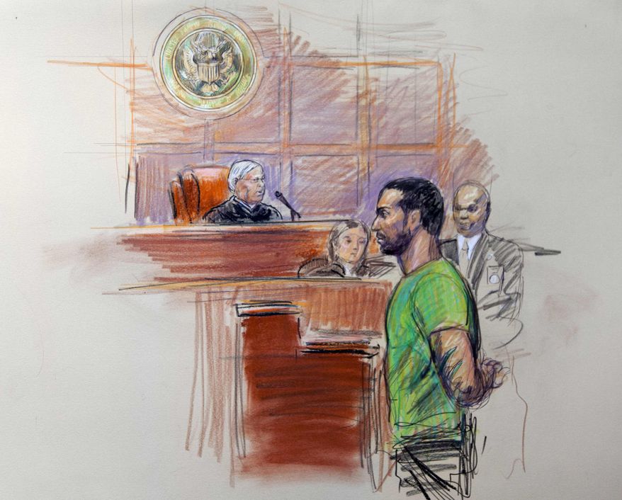 An artist rendering shows Amine El Khalifi before U.S. District Judge T. Rawles Jones Jr. in federal court in Alexandria, Va., on Feb. 17, 2012. (Associated Press)