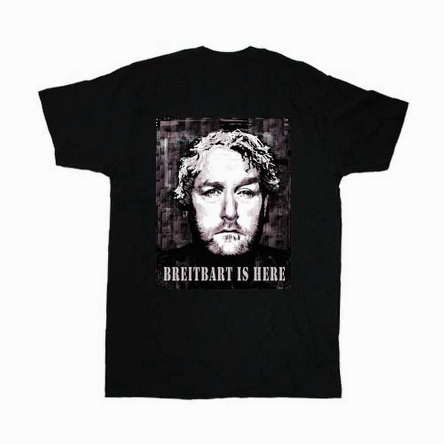 The designer of a new T-shirt memorializing Andrew Breitbart says all sales profits will go to Mr. Breitbart's kin. (Photo courtesy Anthem Studios)