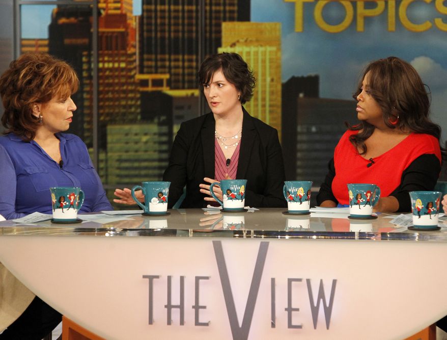 Georgetown University law student and activist Sandra Fluke (center) speaks March 5, 2012, during an appearance in New York on the daytime talk show "The View" as co-hosts Joy Behar (left) and Sherri Shepherd listen. Fluke talked about conservative radio host Rush Limbaugh and the comments he made on his program after she testified to Democratic members of Congress in support of a requirement that health care companies provide coverage for contraception. (Associated Press/ABC)