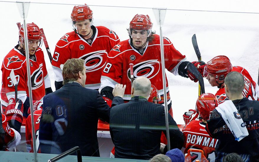 Kirk Muller (bottom left) has instilled a new attitude in Carolina after replacing Paul Maurice as coach Nov. 28. "One of his big key focuses is accountability to each other," Hurricanes defenseman Jamie McBain said. (Associated Press)