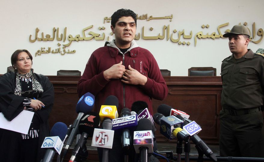 Dr. Ahmed Adel, an Egyptian army physician who was charged in the forced virginity-tests case on female Egyptian protesters last year, speaks during a press conference at a military court in Cairo on Sunday, March 11, 2012. (AP Photo)