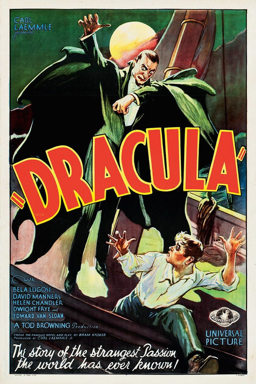 Bela Lugosi gained fame for his role in the 1931 film "Dracula." The movie poster from the film is considered the star of the posters being sold at auction this month. (Heritage Auctions via Associated Press)