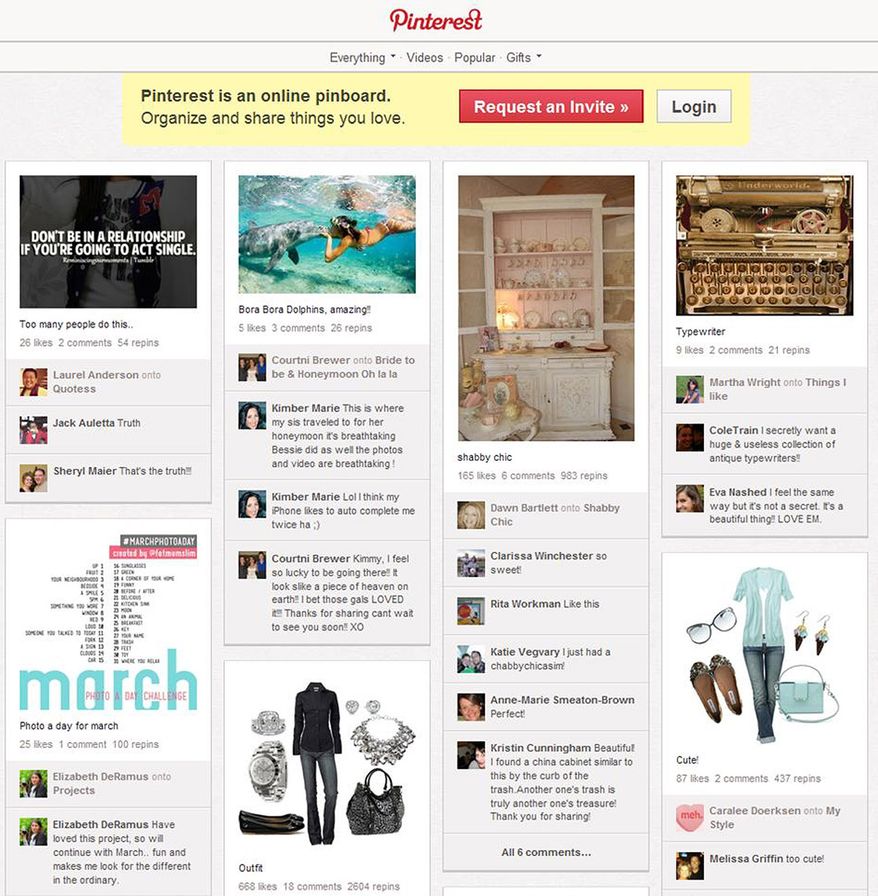 This screen shot taken Feb. 24, 2012, shows a page of women's products from Pinterest.com. A virtual pinboard or scrapbook, the site allows users to collect and organize favorite images and ideas. (Associated Press/Pinterest)