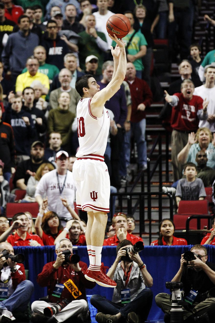 Indiana forward Will Sheehey takes the game-winning shot against Virginia Commonwealth during the NCAA college basketball tournament third-round game in Portland, Ore., Saturday, March 17, 2012. Indiana won 63-61. (AP Photo/Rick Bowmer)