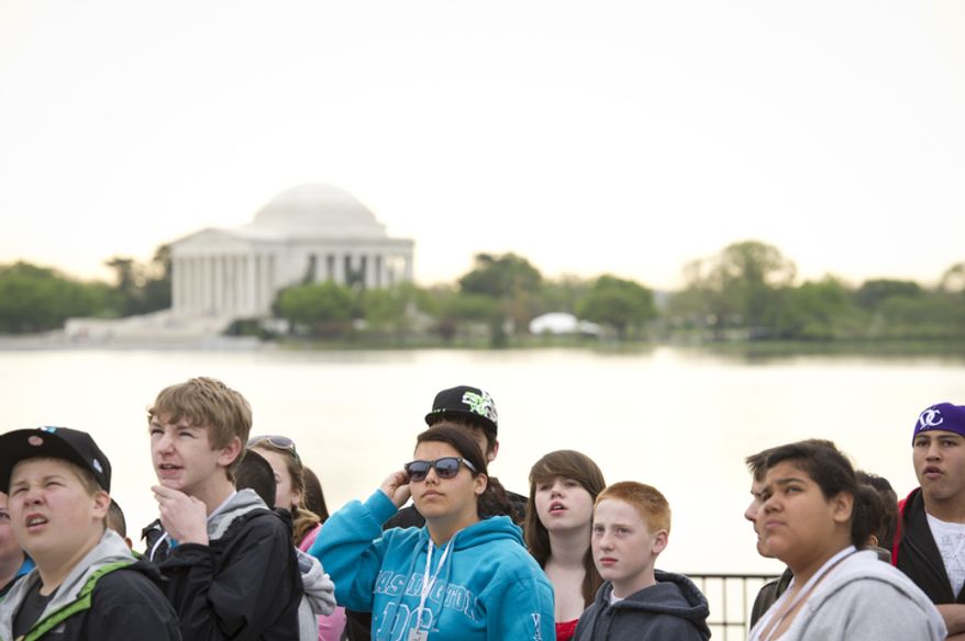 Kids visit the Martin Luther King Jr. Memorial on the National Mall. (Rod Lamkey Jr/The Washington Times)