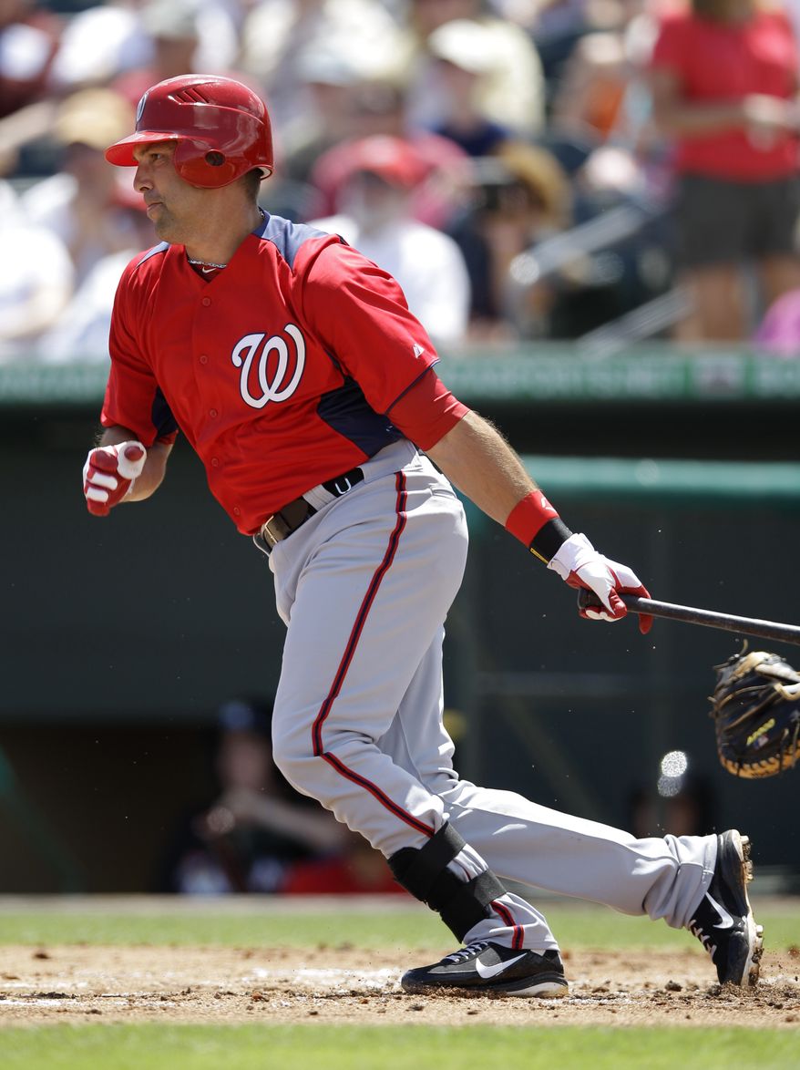 Nationals utility man Mark Derosa played in only 47 games last season due to a wrist injury, hitting .279 with no home runs and 12 RBI. (AP Photo/Patrick Semansky)