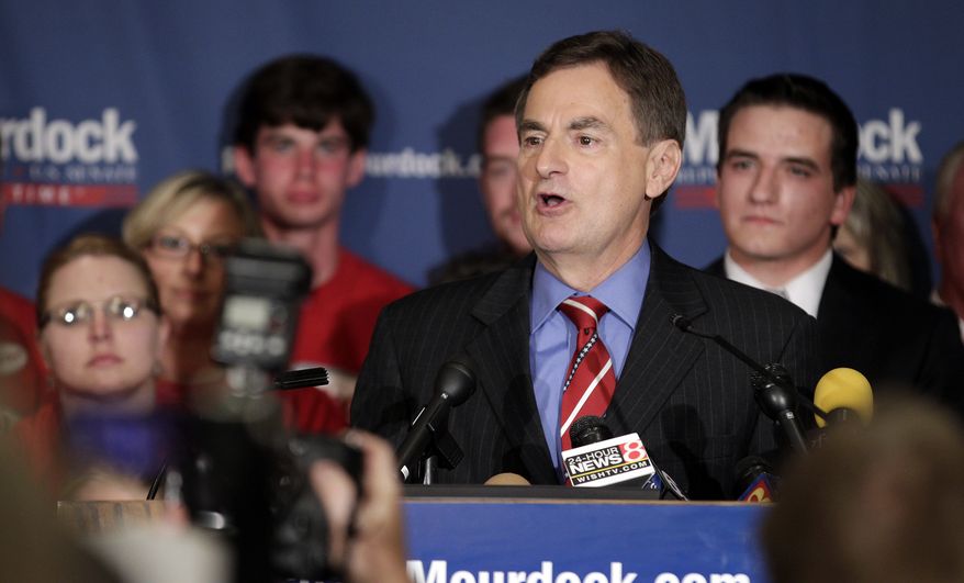 Indiana Treasurer Richard Mourdock speaks to supporters in Indianapolis on Tuesday, May 8, 2012, after he defeated incumbent Sen. Richard G. Lugar, Indiana Republican, in the primary. (AP Photo/AJ Mast)