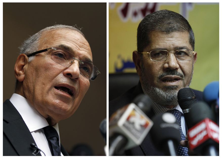 ** FILE ** Egyptian presidential candidates Ahmed Shafiq (left) and Mohammed Morsi (AP Photo/Khalil Hamra and Nasser Nasser)