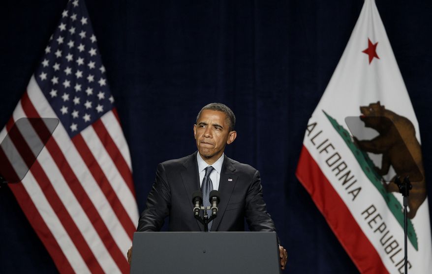 President Obama speaks May 23, 2012, at the Fox Theater in Redwood City, Calif. (Associated Press)