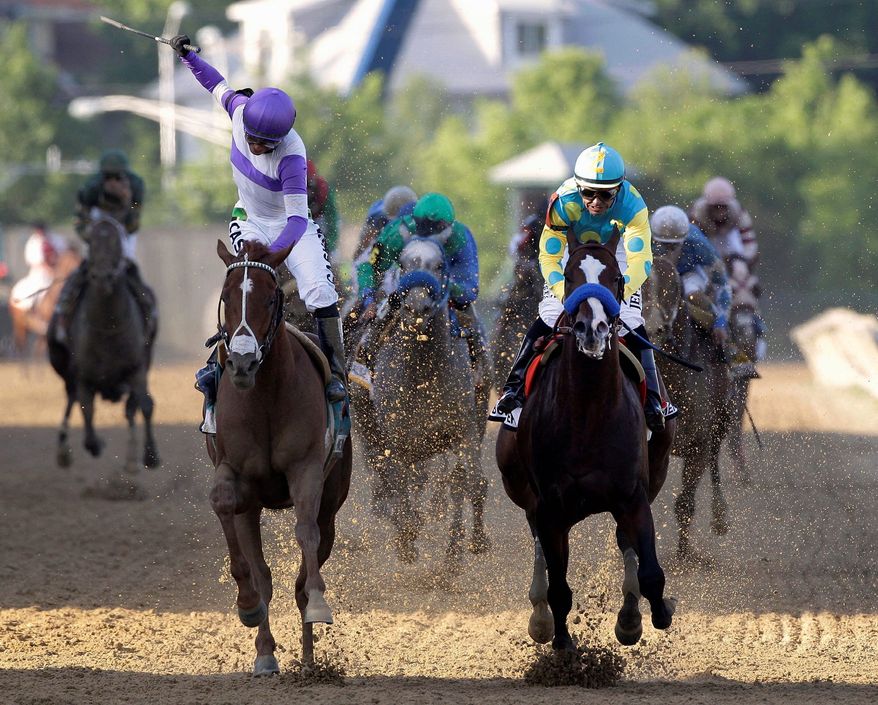 Jockey Mario Gutierrez (left) rallied to beat Bodemeister twice this time in the Preakness Stakes on May 19 to win the first two legs of the Triple Crown. The colt will bid to complete the sweep Saturday in the Belmont Stakes. (Associated Press)