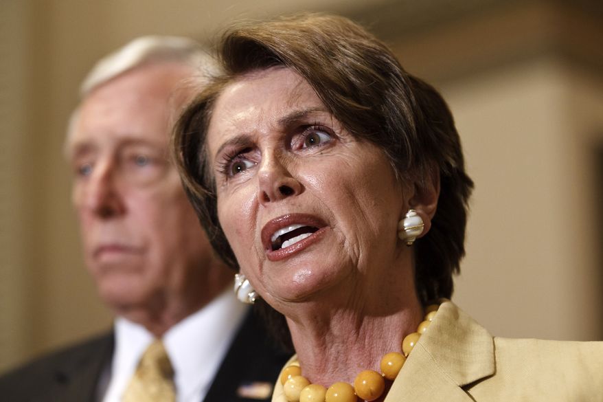 House Minority Leader Nancy Pelosi, California Democrat, speaks June 1, 2012, during a news conference on Capitol Hill. In the background is House Minority Whip Steny Hoyer, Maryland Democrat. (Associated Press)