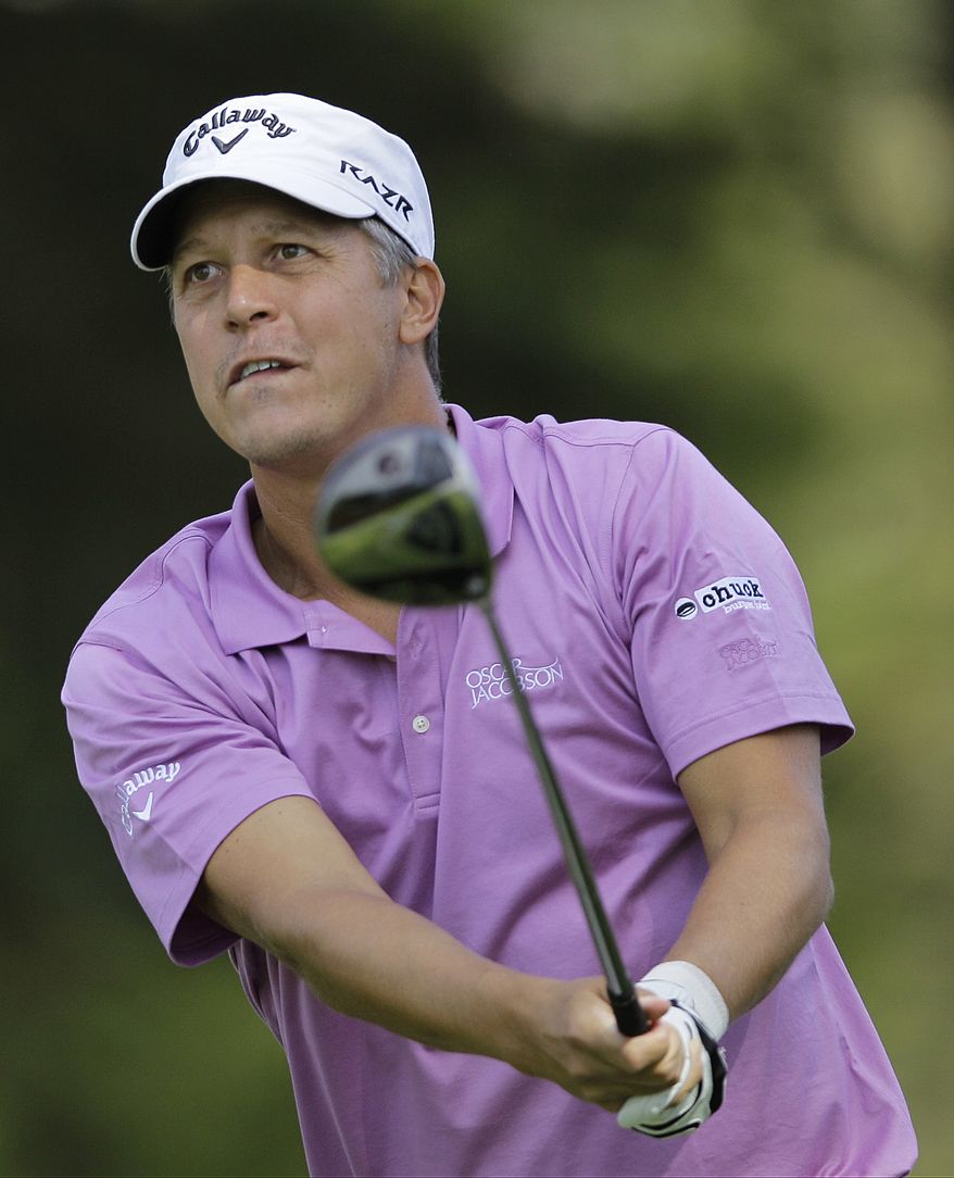 Fredrik Jacobson hits a drive on the 12th hole during the third round of the U.S. Open Championship on Saturday, June 16, 2012, at The Olympic Club in San Francisco. (AP Photo/Eric Risberg)