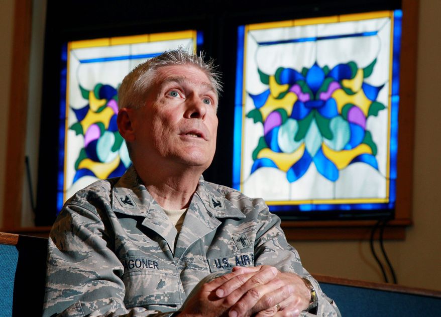 Col. Timothy Wagoner, a chaplain, discusses his duties in the McGuire Air Force Base chapel at Joint Base McGuire-Dix-Lakehurst in Wrightstown, N.J. (Associated Press)